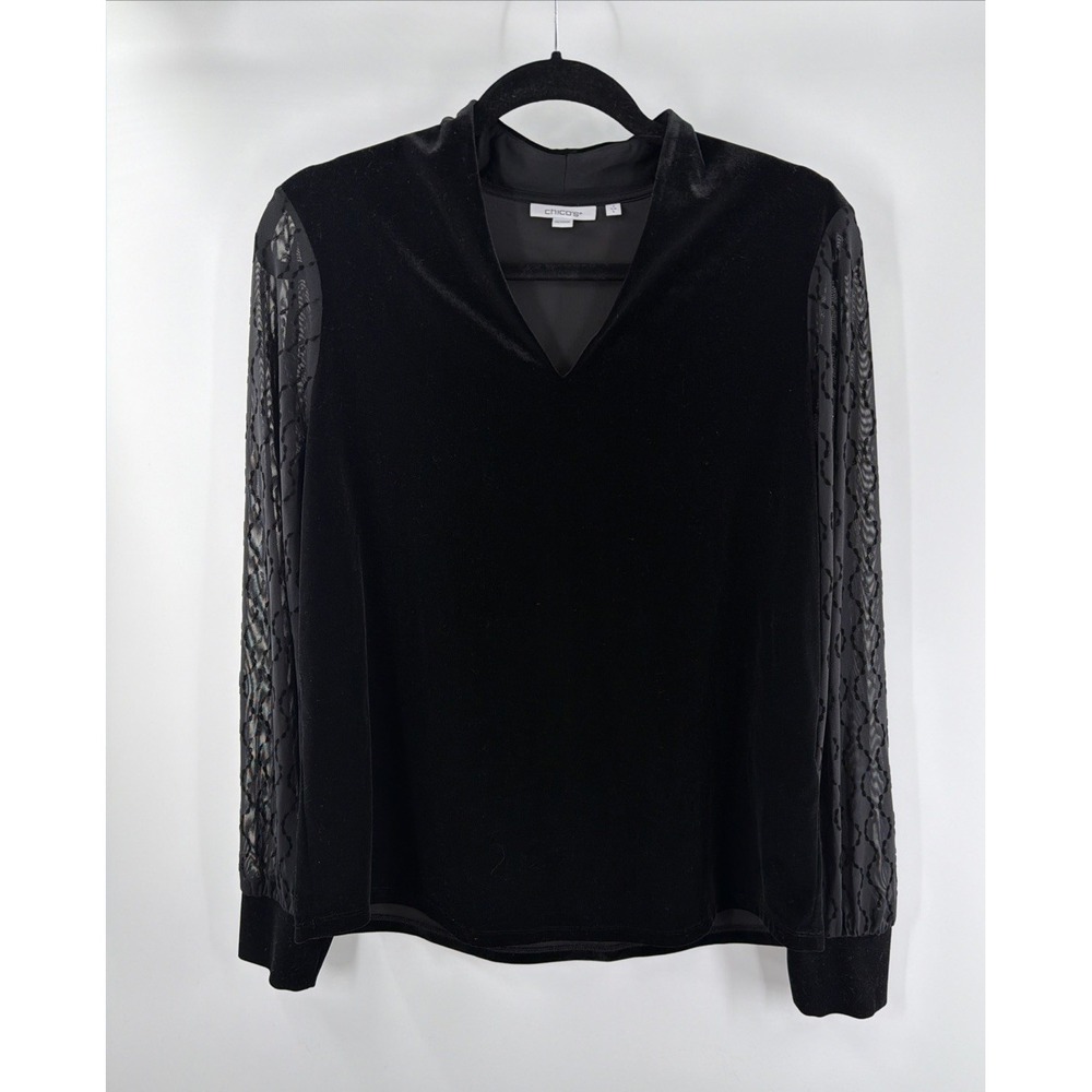 Chicos Long Sleeve Blouse Black Velvet Top Sheer Womans Large Witchy Dark Goth